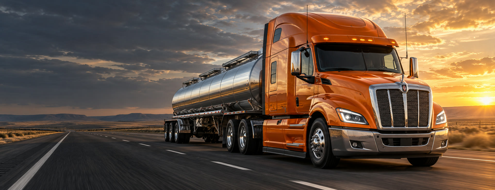 Orange tractor hauling a polished liquid tanker on an open highway
